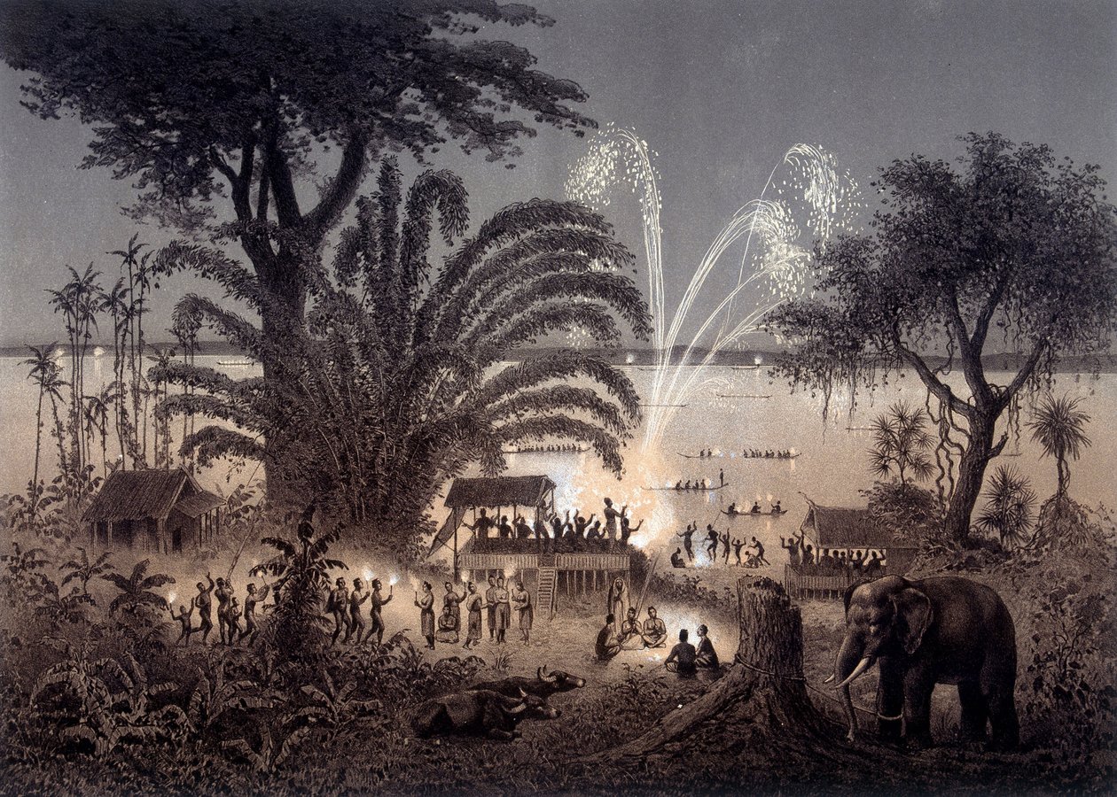 Joen valaistus Bassac-festivaalin aikana, siamilainen Laos. F. Garnierin johdolla vuonna 1873 julkaistussa "" Atlas of the exploration matkasta Indokiinassa suoritetusta matkasta vuosina 1866-1868". tekijältä Unknown artist