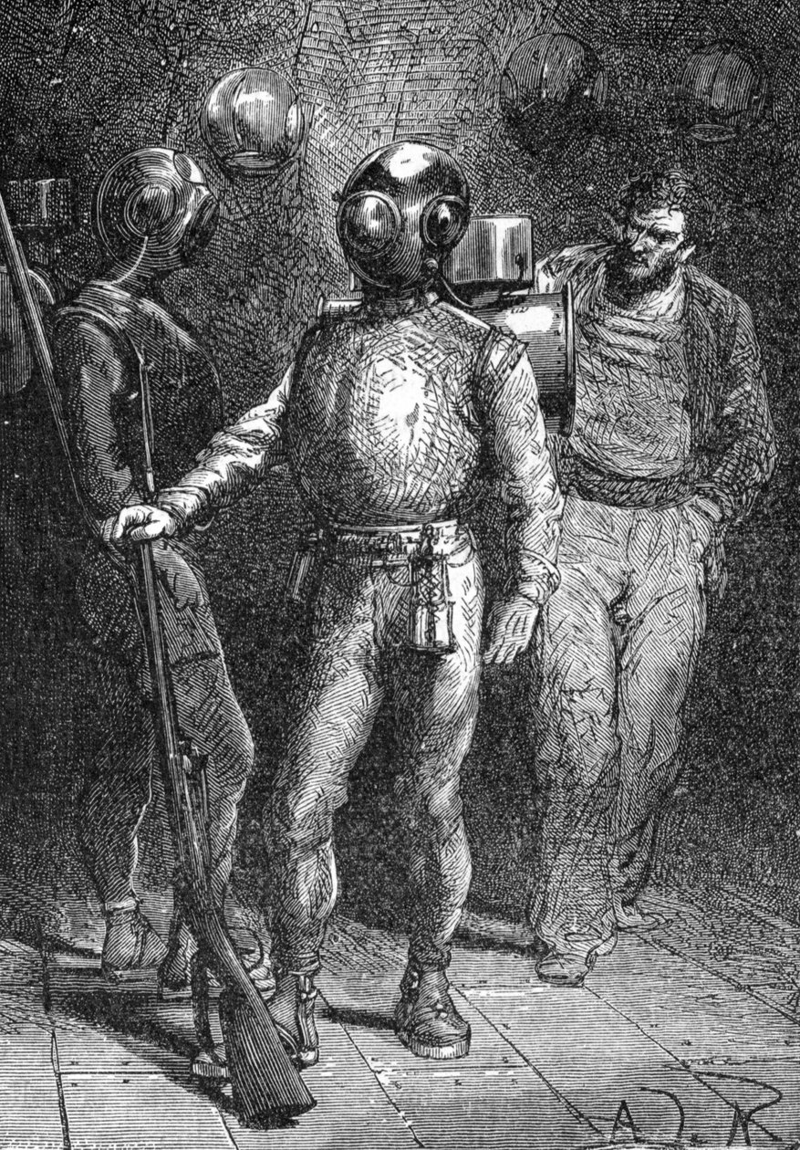 Kuvitus Jules Vernen teoksesta "Twenty Thousand Leagues Under the Sea" (Vingt-mille - 20 000 - 20000). Nautiluksen merimies yllään Rouquayrol - Denayrouze -sukelluspuku. 1800-luvun kaiverrus. tekijältä Unknown artist