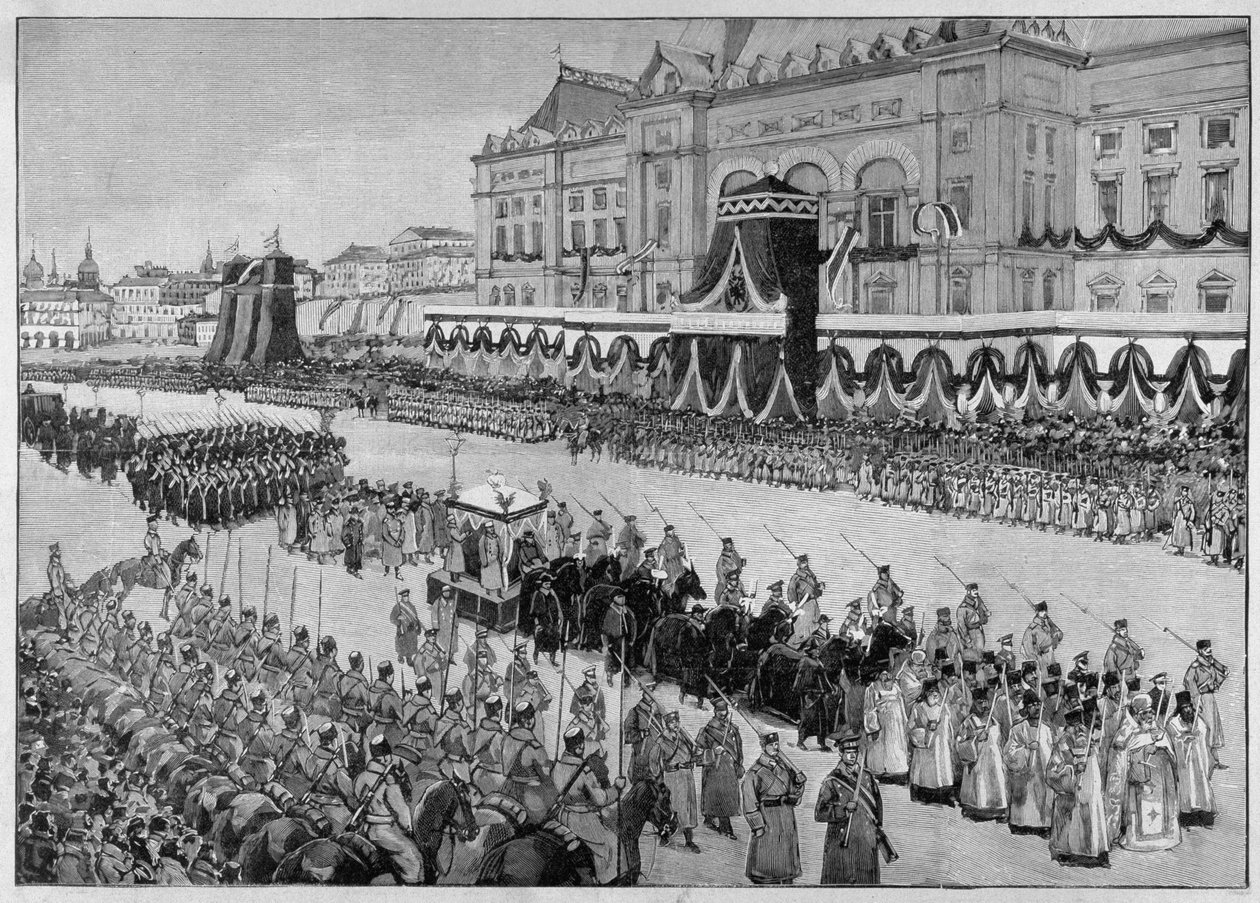 Kuvitus, joka kuvaa tsaari Aleksanteri III:n hautajaisia vuonna 1894. "Kuvitettu maailma" tekijältä Unknown artist