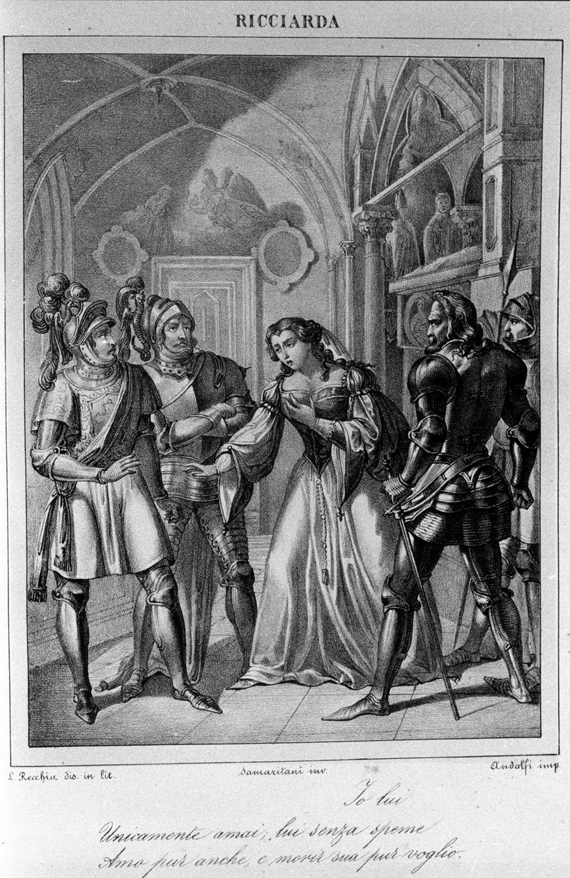 Kuvitus italialaisen runoilijan ja näytelmäkirjailija Ugo Foscolon (1778-1827) "Ricciardan" III näytökseen 1800-luku tekijältä Unknown artist