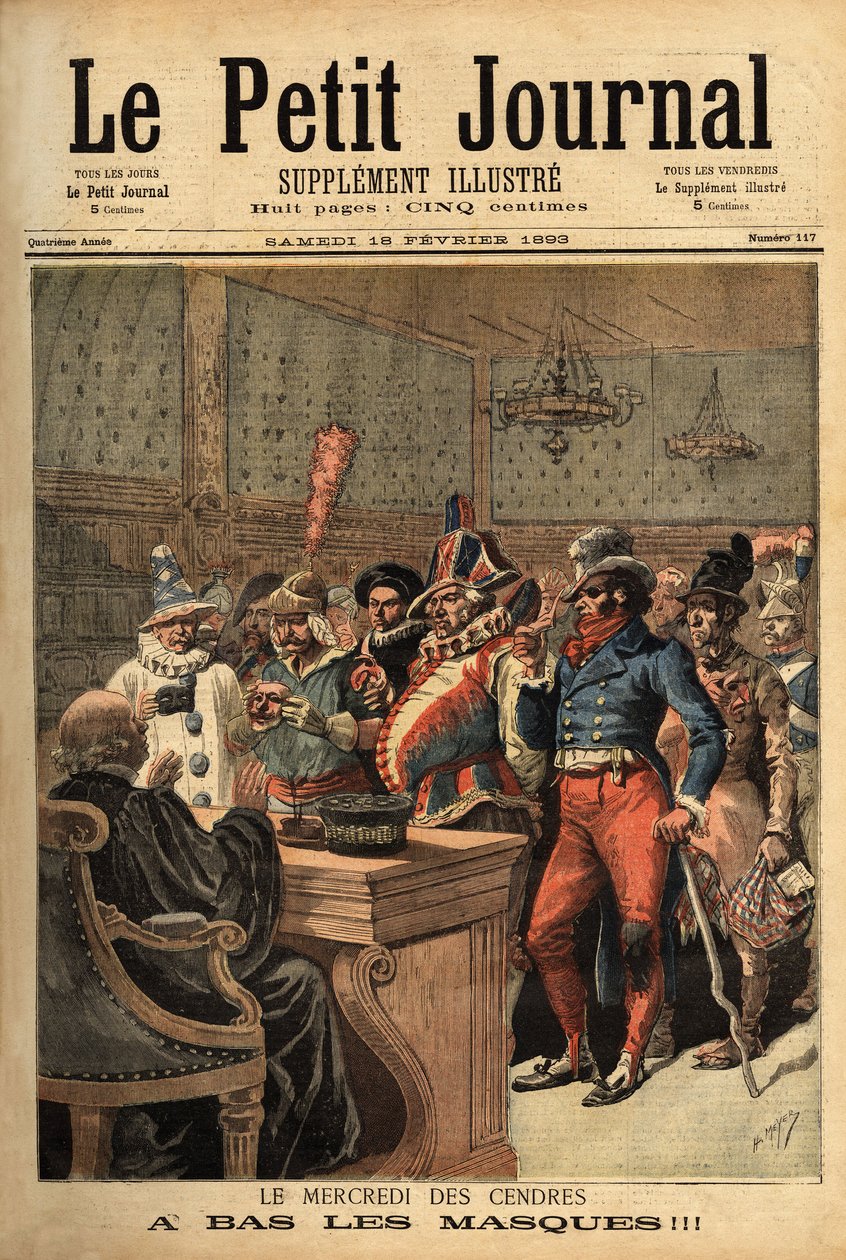 Kuvitus tuhkakeskiviikkoon, Mardi Gras -karnevaalin jälkeen, juhlapuvut kulkevat tuomarin edessä paljastamaan itsensä. Kaiverrus "" Le petit Journal" -lehdessä 18.2.1893. Selvan kokoelma. tekijältä Unknown artist