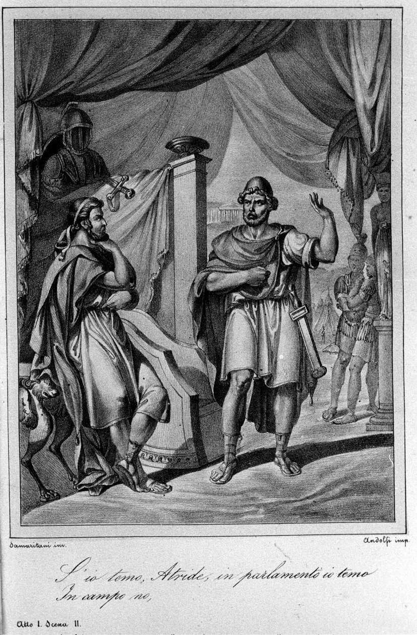 Kuvitus italialaisen runoilijan ja näytelmäkirjailija Ugo Foscolon (1778-1827) "Ajax" (Aiace) I näytöksen 2 kohtaukseen 1800-luku tekijältä Unknown artist