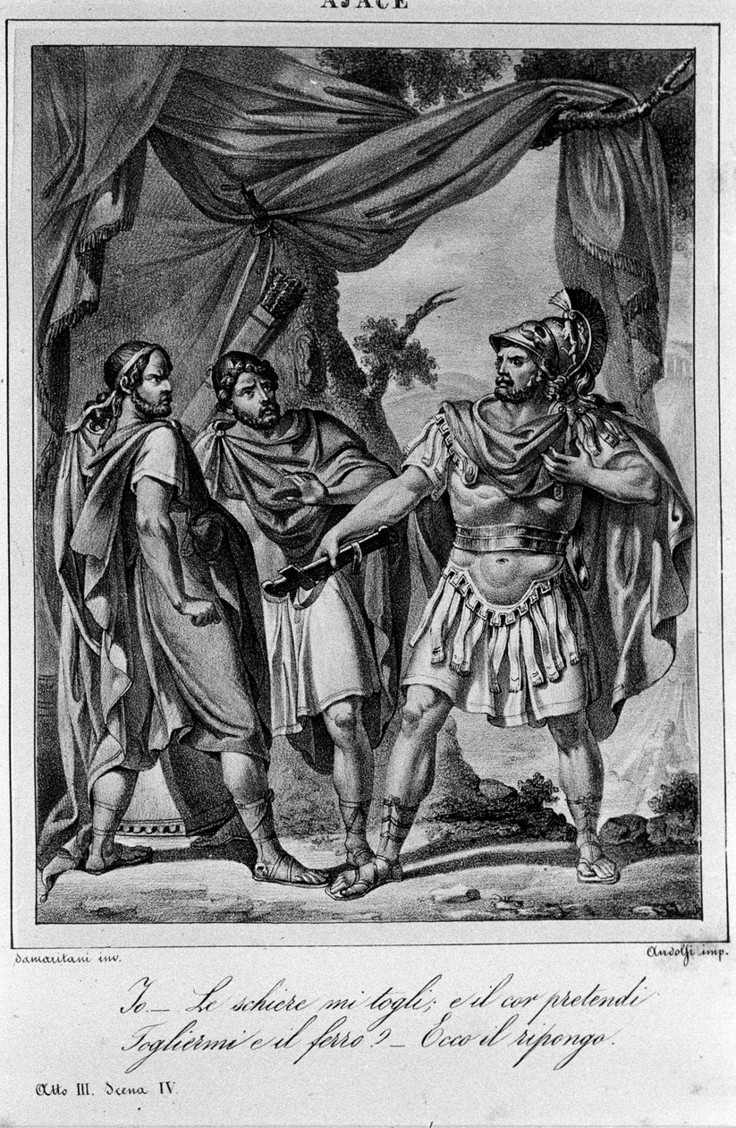 Kuvitus italialaisen runoilijan ja näytelmäkirjailija Ugo Foscolon (1778-1827) "" Ajaxin" (Aiace) IV näytöksen 3 kohtaukselle 1800-luku tekijältä Unknown artist