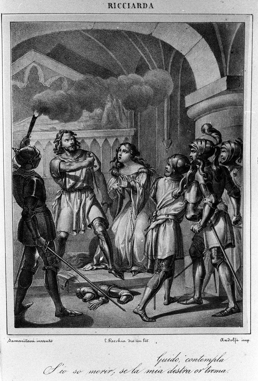 Kuvitus italialaisen runoilijan ja näytelmäkirjailija Ugo Foscolon (1778-1827) ”Ricciardan” V näytöksen viimeiseen kohtaukseen 1800-luku tekijältä Unknown artist