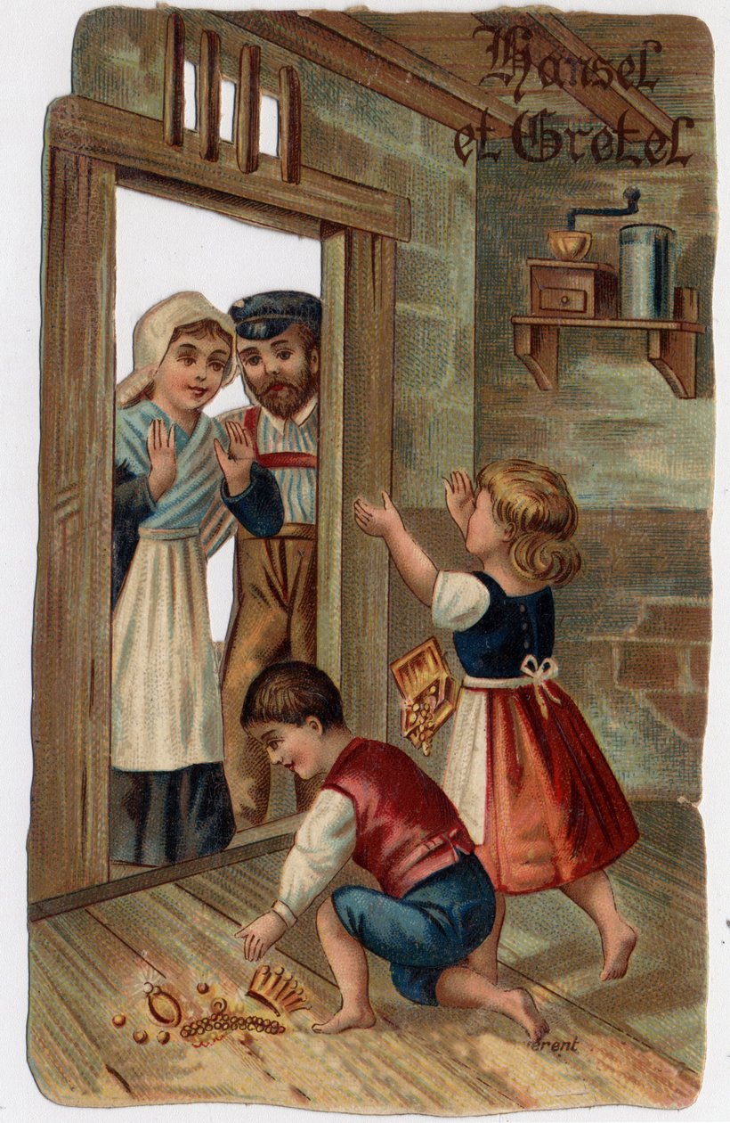 Kuvitus veljien Grimmin tarinaan "Hansel ja Kerttu": Hansel ja Kerttu palasivat koteihinsa, antoivat vanhemmilleen omistamansa jalokivet. 1800-luvun lopun kromolitografia. tekijältä Unknown artist