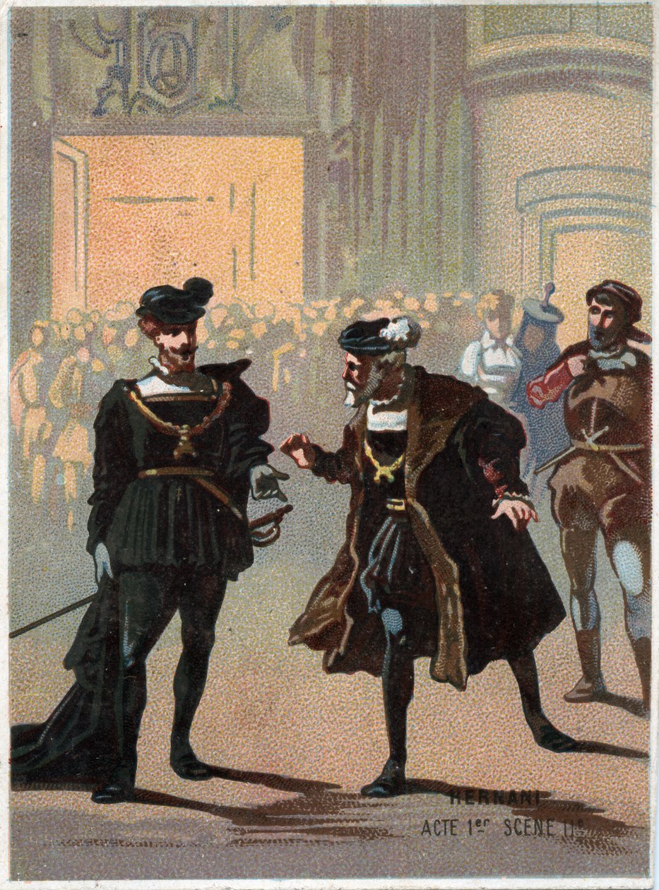 Italialaisen säveltäjän Giuseppe Verdin (1813 - 1901) kuvitus "" Ernani" -ooppera, näytös 1, kohtaus II, luotu vuonna 1844 Victor Hugon tragedian "" Hernani" jälkeen. 1800-luvun lopun kromolitografia. tekijältä Unknown artist