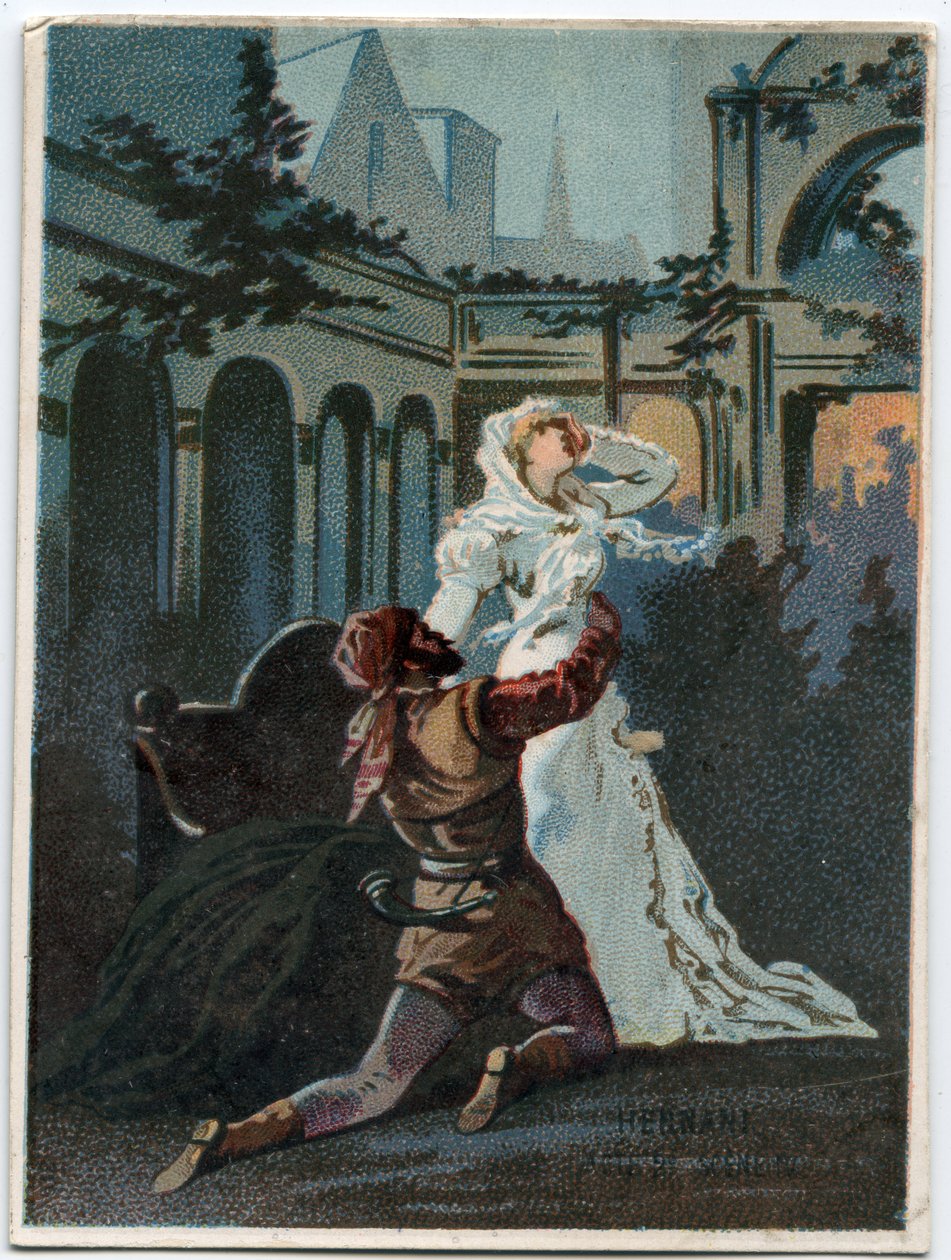 Italialaisen säveltäjän Giuseppe Verdin (1813 - 1901) kuvitus "" Ernani" -ooppera, näytös 2, kohtaus IV, luotu vuonna 1844 Victor Hugon tragedian "" Hernani" jälkeen. 1800-luvun lopun kromolitografia. tekijältä Unknown artist