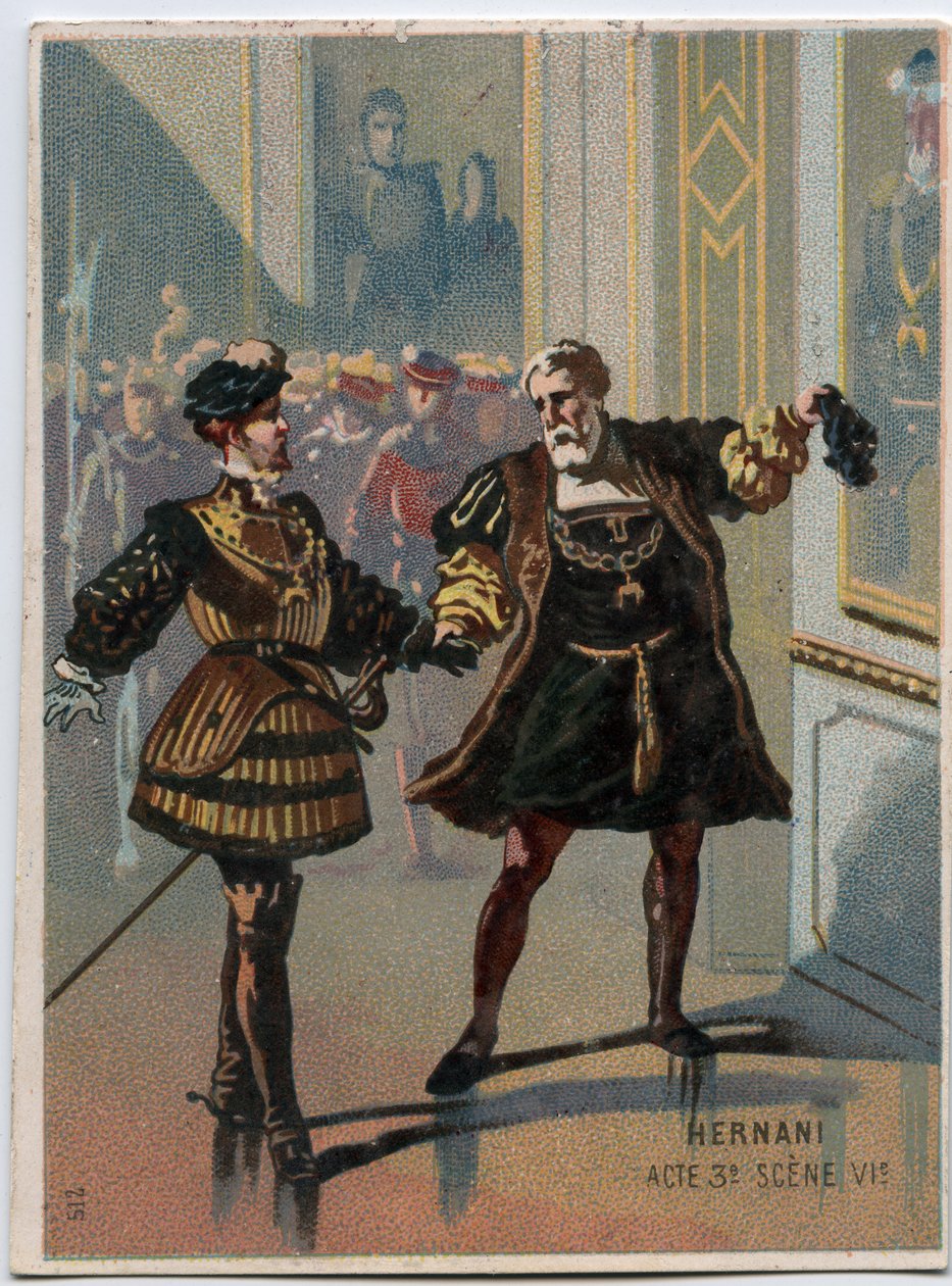 Italialaisen säveltäjän Giuseppe Verdin (1813 - 1901) kuvitus "" Ernani" -ooppera, 3. näytös, VI kohtaus, joka luotiin vuonna 1844 Victor Hugon tragedian "" Hernani" jälkeen. 1800-luvun lopun kromolitografia. tekijältä Unknown artist