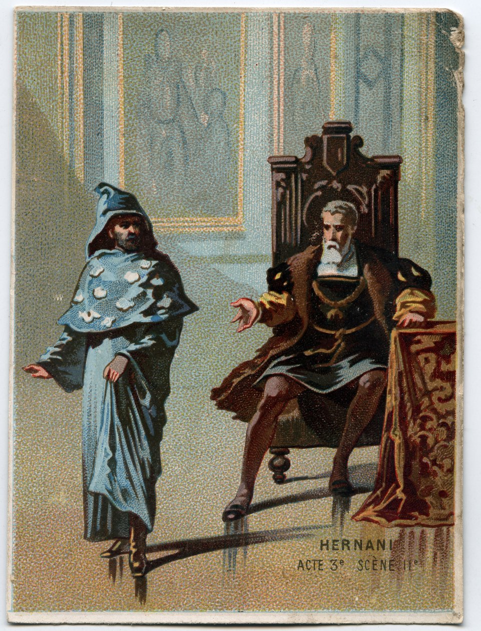 Italialaisen säveltäjän Giuseppe Verdin (1813 - 1901) kuvitus "" Ernani" -ooppera, näytös 3, kohtaus 2, luotu vuonna 1844 Victor Hugon tragedian "" Hernani" jälkeen. 1800-luvun lopun kromolitografia. tekijältä Unknown artist