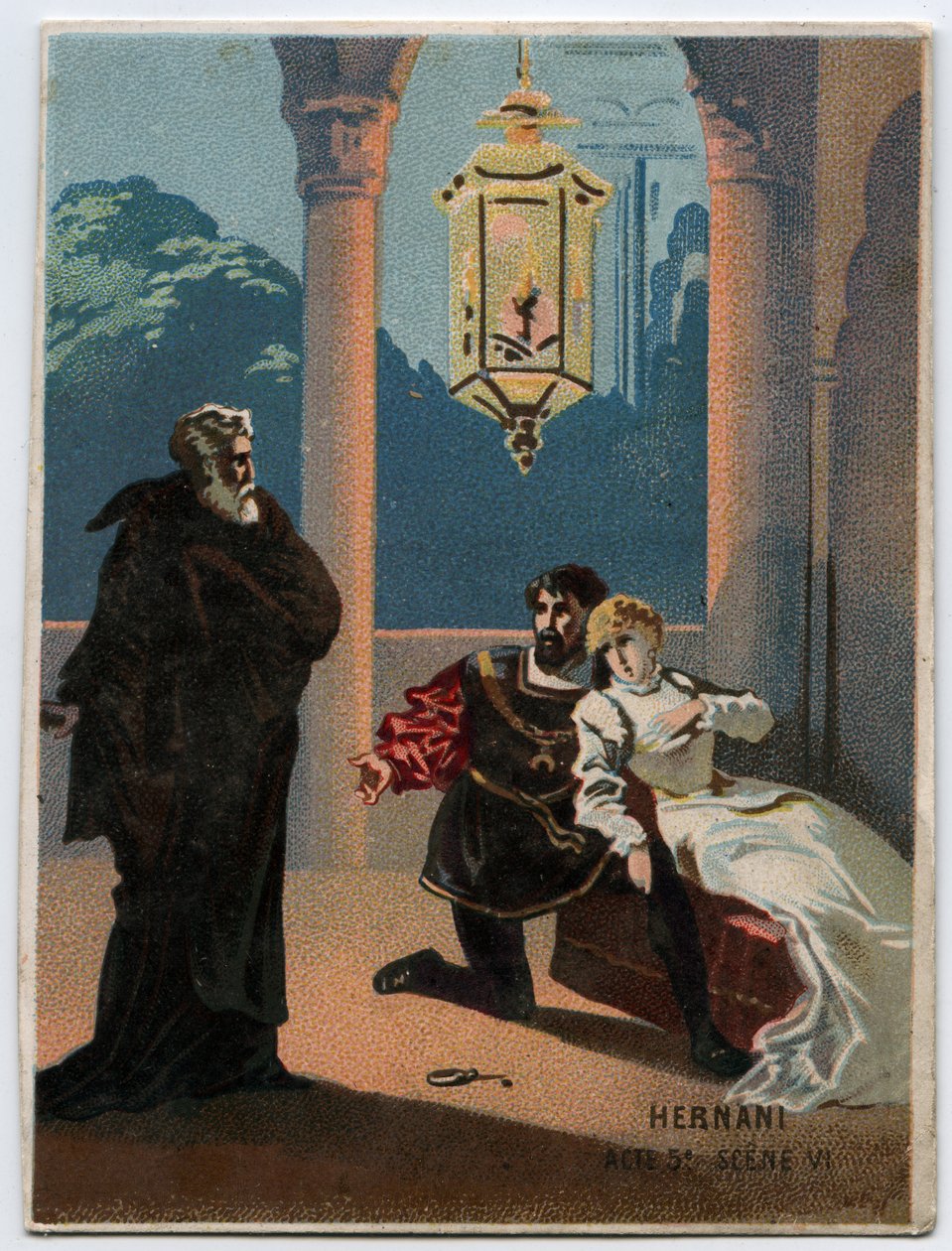 Italialaisen säveltäjän Giuseppe Verdin (1813 - 1901) kuvitus "" Ernani" -ooppera, näytös 5, kohtaus VI, luotu vuonna 1844 Victor Hugon tragedian "" Hernani" jälkeen. 1800-luvun lopun kromolitografia. tekijältä Unknown artist