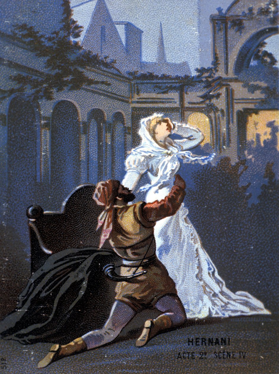 Italialaisen säveltäjän Giuseppe Verdin (1813 - 1901) kuvitus ”Ernani”, näytös II, kohtaus 4, ooppera syntyi vuonna 1844 Victor Hugon tragedian ”Hernani” jälkeen. kromolitografia 1800-luvun lopulla. tekijältä Unknown artist