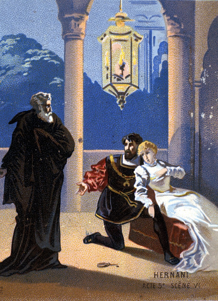 Italialaisen säveltäjän Giuseppe Verdin (1813 - 1901) kuvitus ”Ernani”, näytös V, kohtaus 6, ooppera syntyi 1844 Victor Hugon tragedian ”Hernani” jälkeen. kromolitografia 1800-luvun lopulla. tekijältä Unknown artist