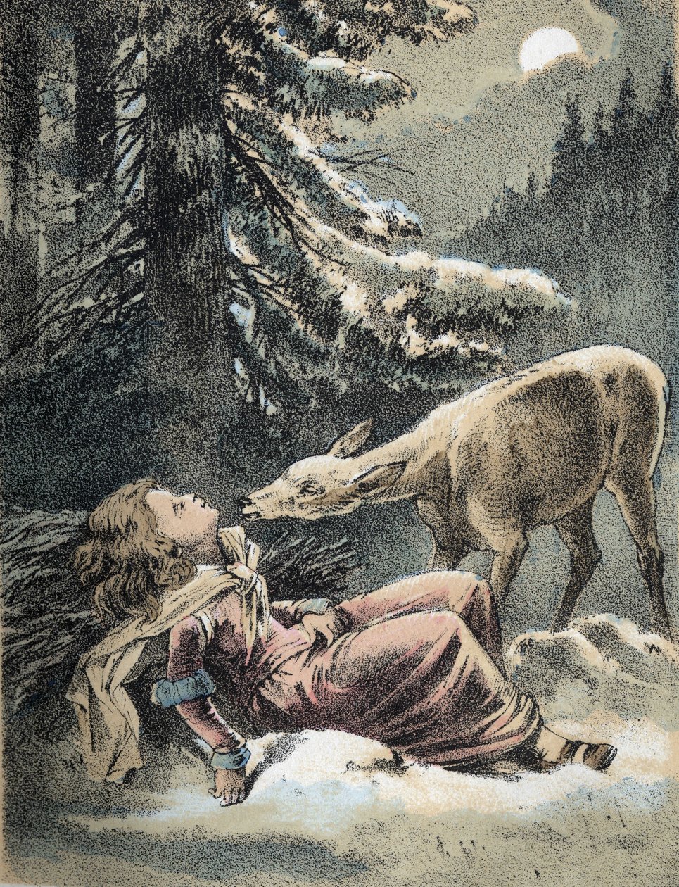 Kuva Franz Hoffmannin tarinoista "" Tarinoita ja tarinoita - Von Weifsh¿ndchen und breitf¿fschen"": tyttö pyörtyi lumessa ja peura. 1800-luvun kromolitografia. tekijältä Unknown artist