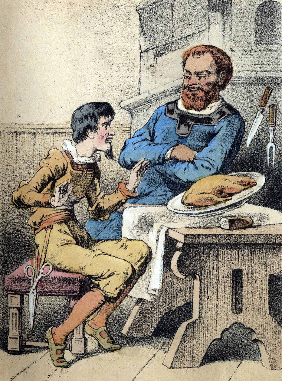 Kuvitus Franz Hoffmannin tarinoista "Tales and Fables - The Merry Little Tailor". 1800-luvun kromolitografia. tekijältä Unknown artist