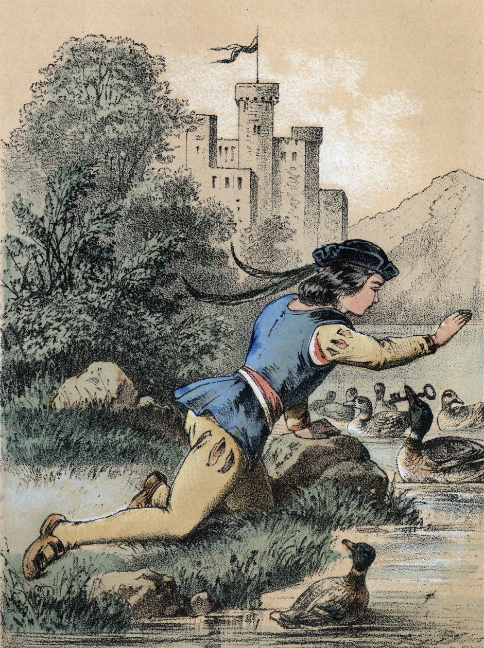 Kuva Franz Hoffmannin tarinoista "" Tales et Fables - Les 3 Princes"": Prinssi saa avaimen ankasta. 1800-luvun kromolitografia. tekijältä Unknown artist