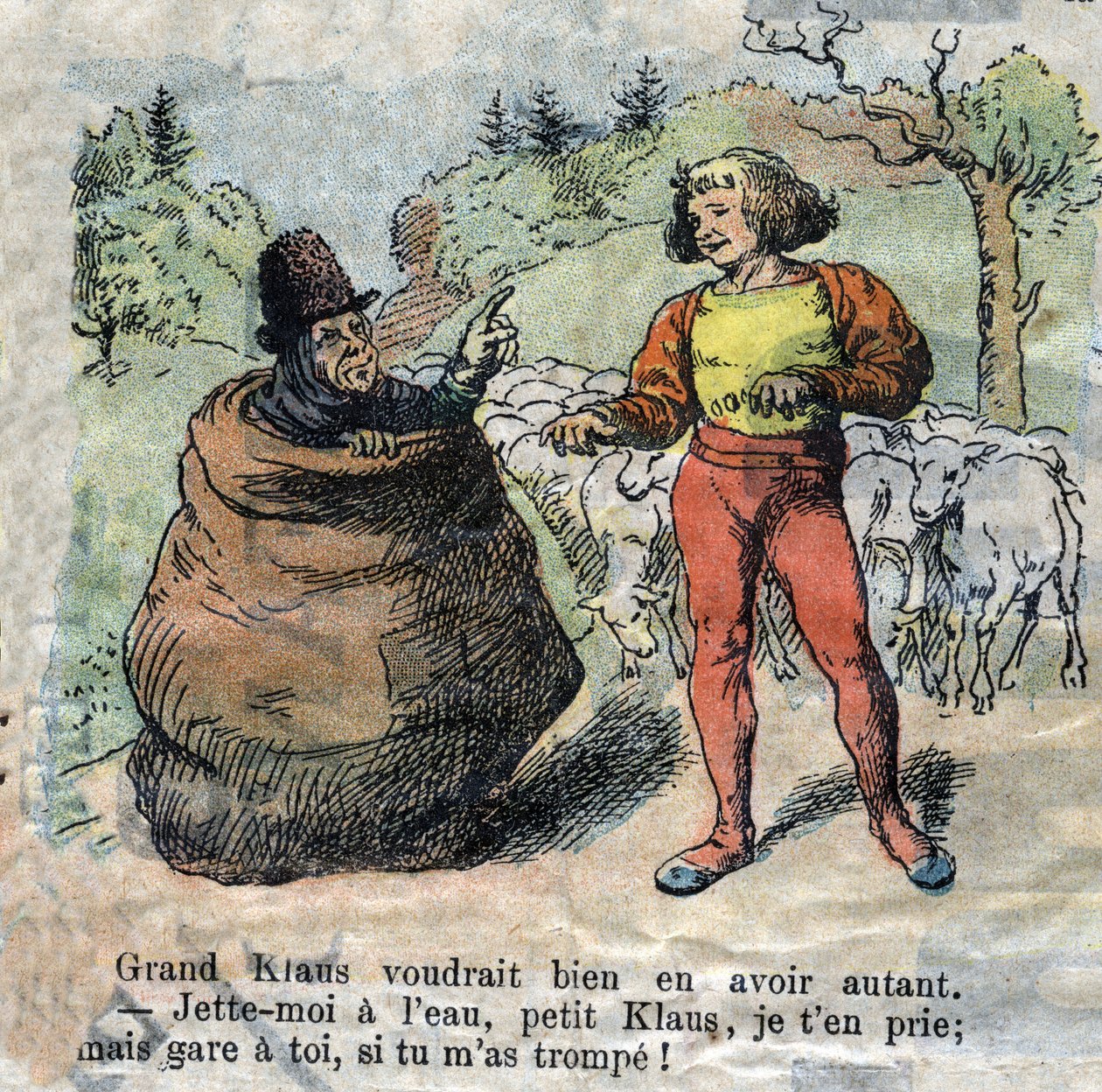Kuva 1800-luvun lopusta Hans Christian Andersenin (1805-1875) tarinaan "Grand Claus and Little Claus" (Klaus). Yksityiskokoelma. tekijältä Unknown artist