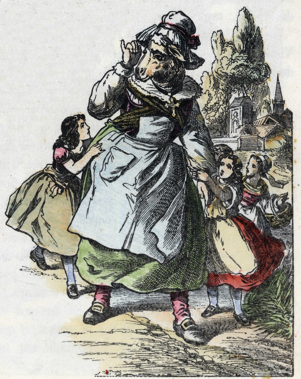 Kuvitus tarinasta "Hyvä äitilammas". "" Tarinoita kodista pienimmille"". Anonyymi kaiverrus 1800-luvulta. tekijältä Unknown artist