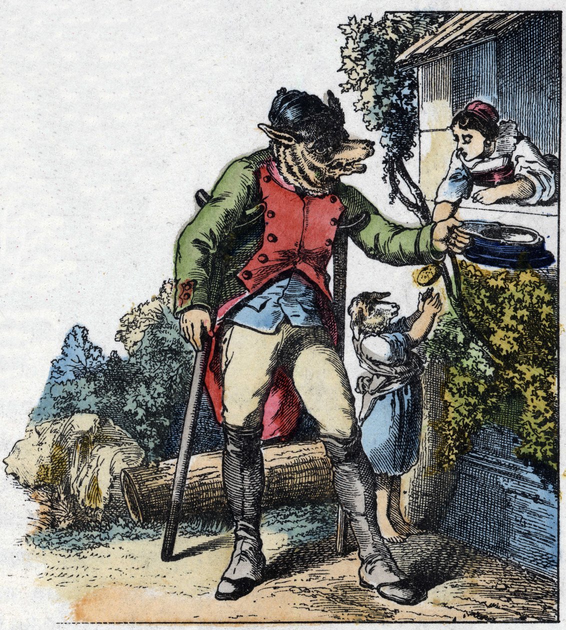 Kuvitus tarinasta "Hyvä äitilammas". "" Tarinoita kodista pienimmille"". Anonyymi kaiverrus 1800-luvulta. tekijältä Unknown artist