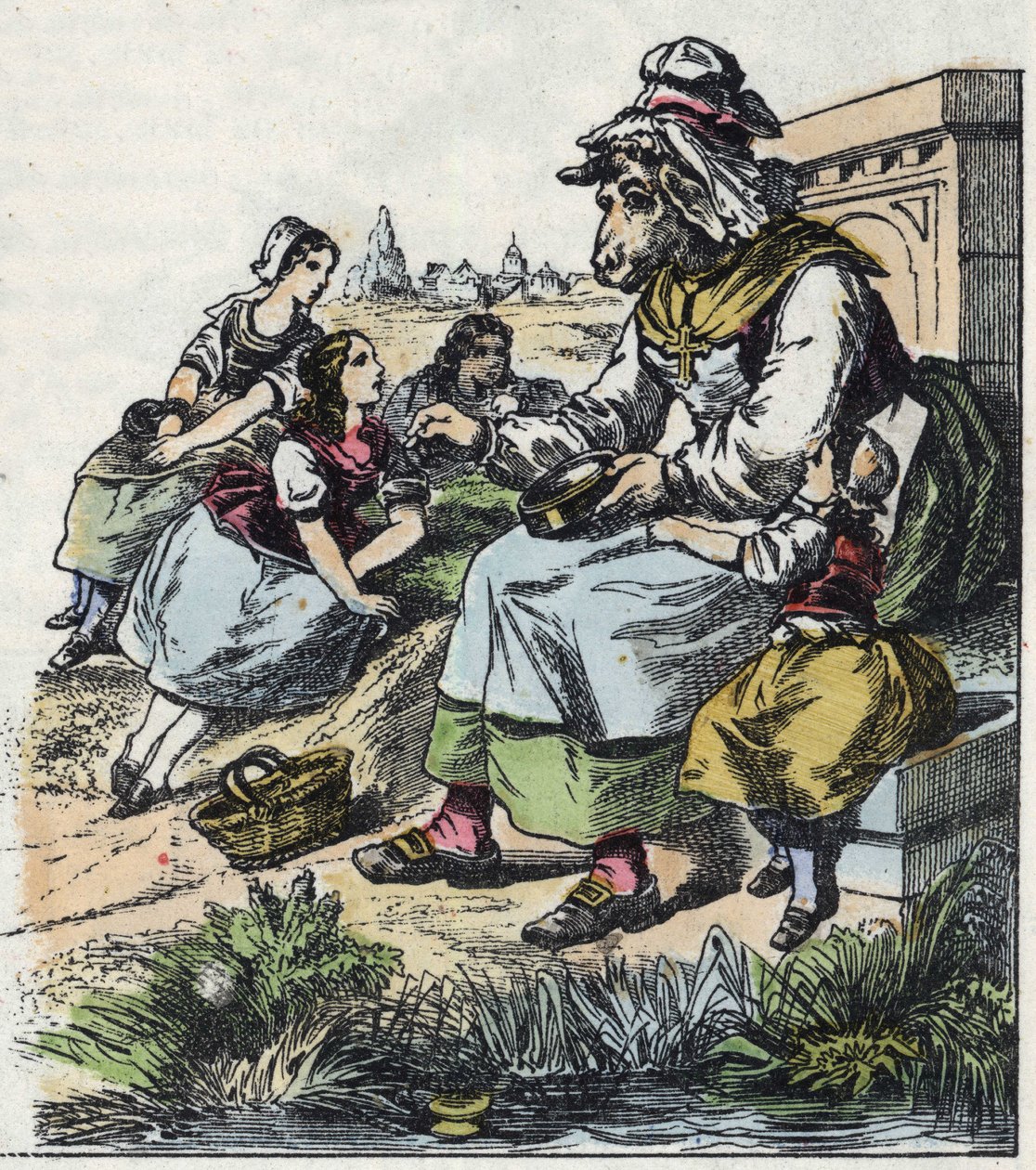 Kuvitus tarinasta "Hyvä äitilammas". "" Tarinoita kodista pienimmille"". Anonyymi kaiverrus 1800-luvulta. tekijältä Unknown artist