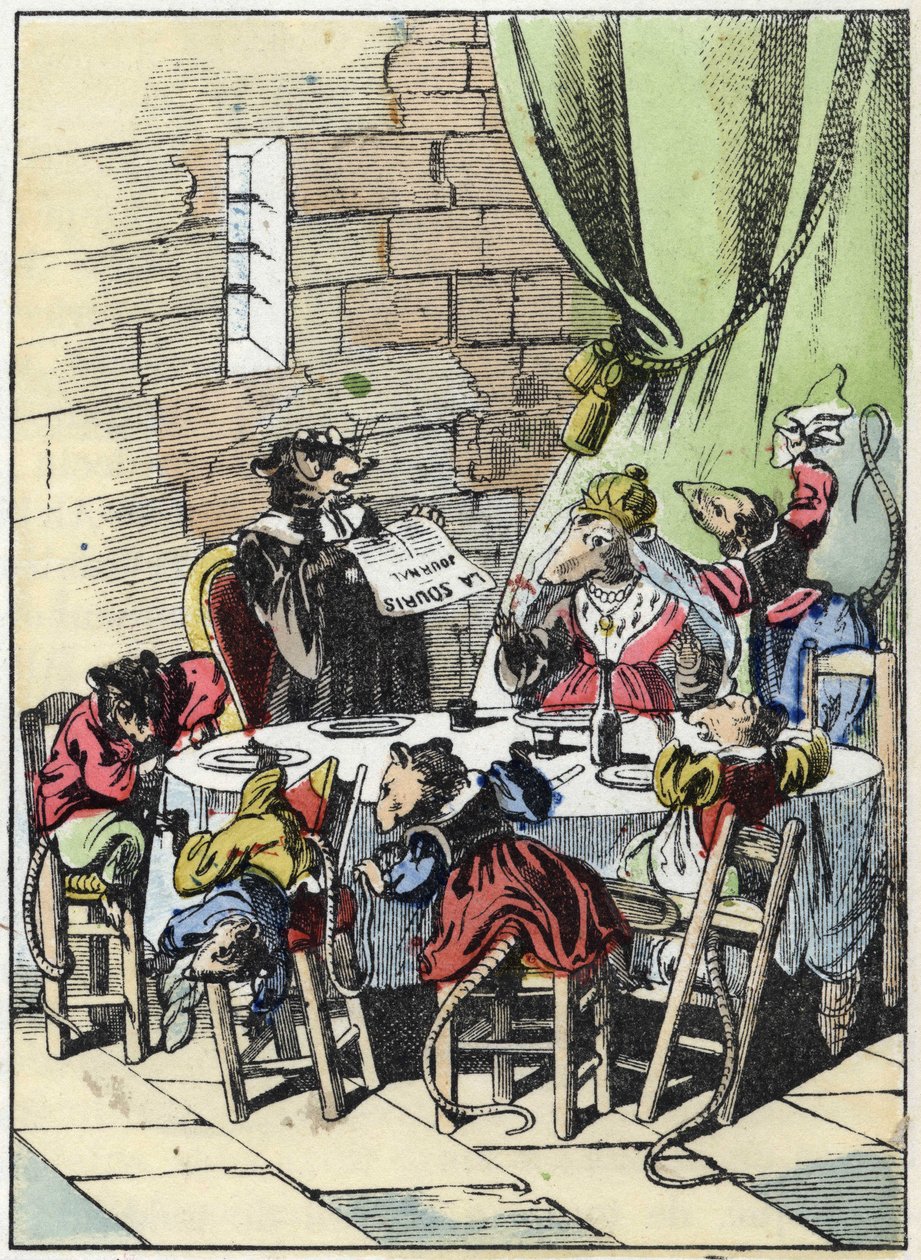 Kuvitus tarinasta "Kauhea Raminagrobis ja hiiret"" -hahmo piirtää Jean de la Fontainen tarinoita. "" Tarinoita kodista pienimmille"". Anonyymi kaiverrus 1800-luvulta. tekijältä Unknown artist