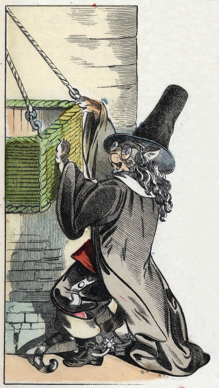 Kuvitus tarinasta "Kauhea Raminagrobis ja hiiret"" -hahmo piirtää Jean de la Fontainen tarinoita. "" Tarinoita kodista pienimmille"". Anonyymi kaiverrus 1800-luvulta. tekijältä Unknown artist