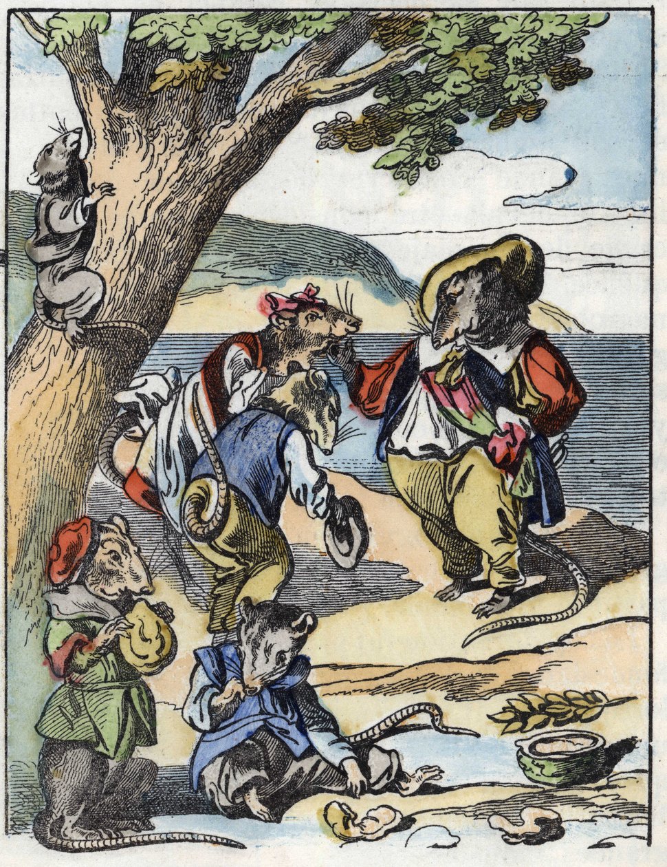 Kuvitus tarinasta "Kauhea Raminagrobis ja hiiret"" -hahmo piirtää Jean de la Fontainen tarinoita. "" Tarinoita kodista pienimmille"". Anonyymi kaiverrus 1800-luvulta. tekijältä Unknown artist