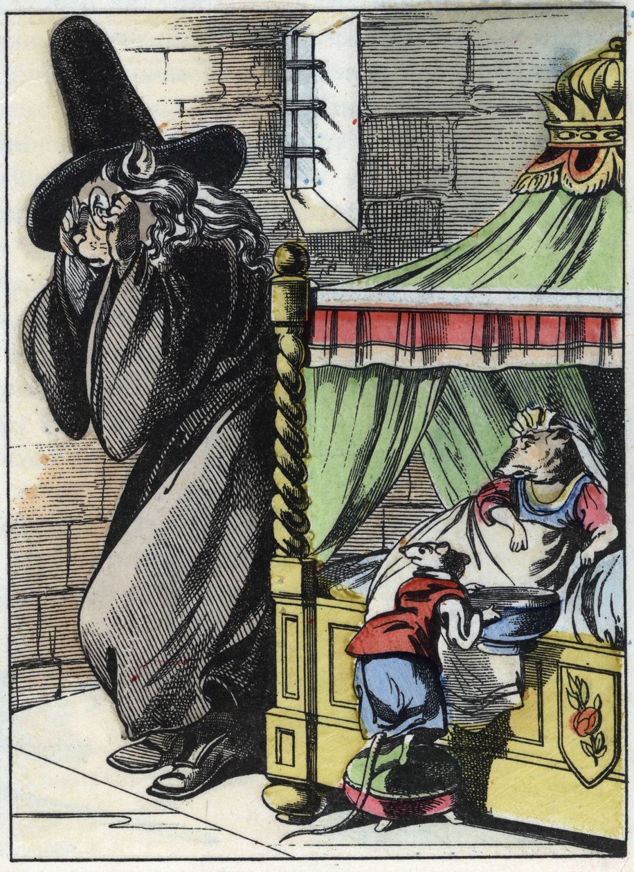 Kuvitus tarinasta "Kauhea Raminagrobis ja hiiret"" -hahmo piirtää Jean de la Fontainen tarinoita. "" Tarinoita kodista pienimmille"". Anonyymi kaiverrus 1800-luvulta. tekijältä Unknown artist