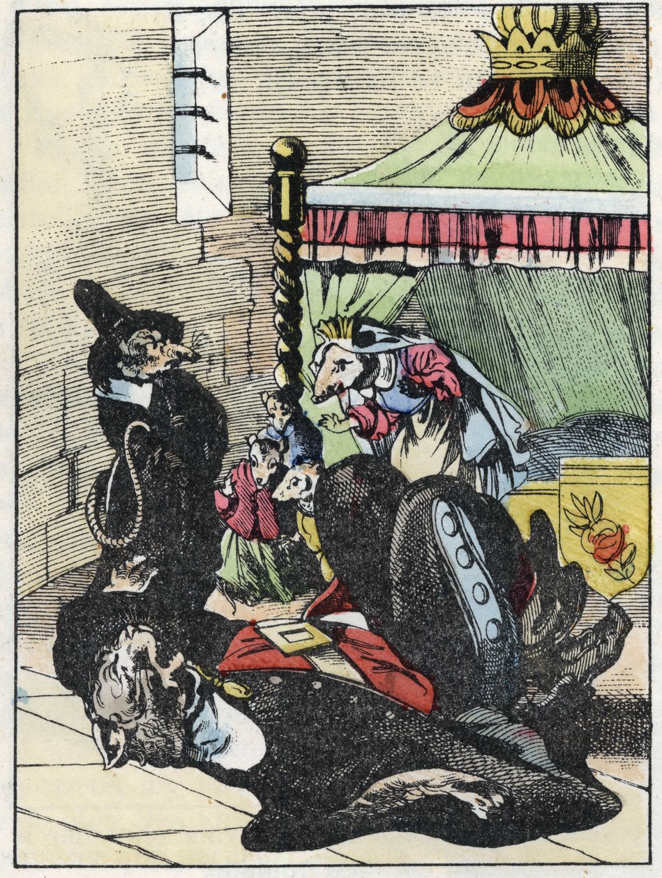 Kuvitus tarinasta "Kauhea Raminagrobis ja hiiret"" -hahmo piirtää Jean de la Fontainen tarinoita. "" Tarinoita kodista pienimmille"". Anonyymi kaiverrus 1800-luvulta. tekijältä Unknown artist
