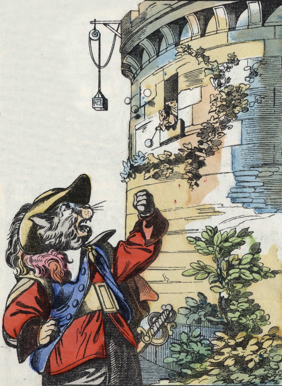 Kuvitus tarinasta "Kauhea Raminagrobis ja hiiret"" -hahmo piirtää Jean de la Fontainen tarinoita. "" Tarinoita kodista pienimmille"". Anonyymi kaiverrus 1800-luvulta. tekijältä Unknown artist