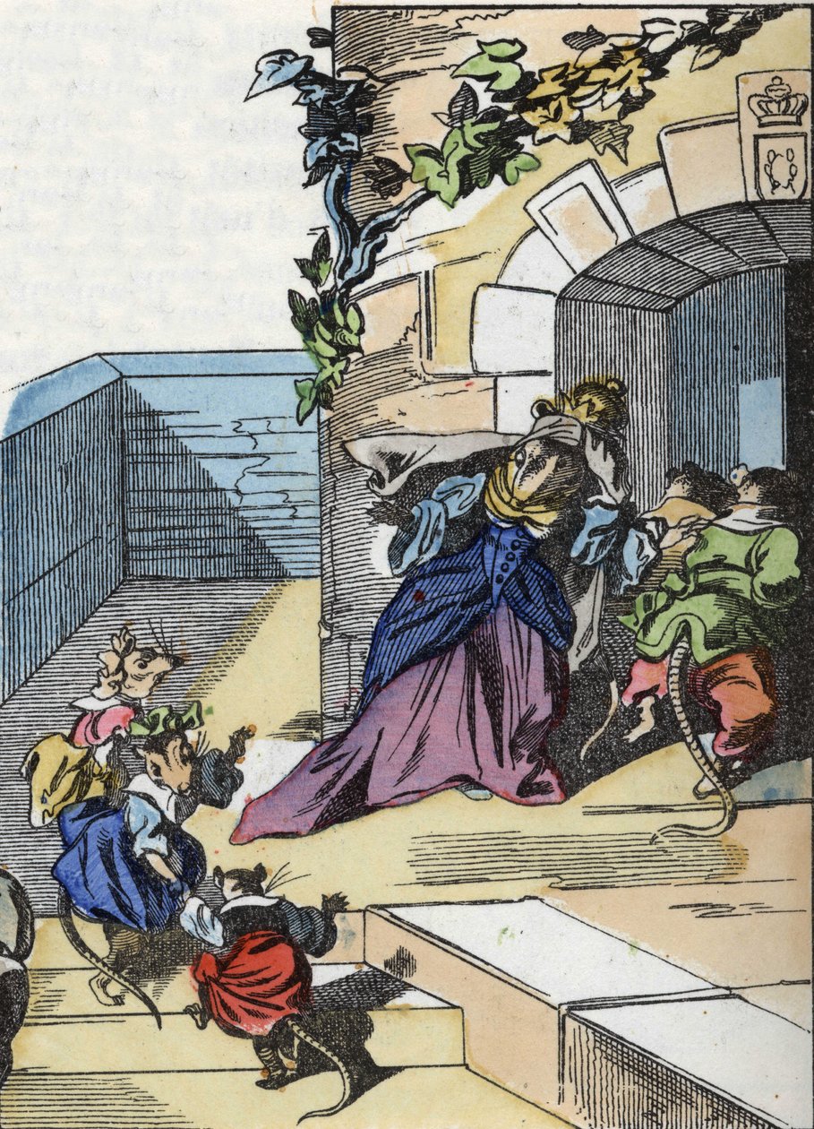 Kuvitus tarinasta "Kauhea Raminagrobis ja hiiret"" -hahmo piirtää Jean de la Fontainen tarinoita. "" Tarinoita kodista pienimmille"". Anonyymi kaiverrus 1800-luvulta. tekijältä Unknown artist