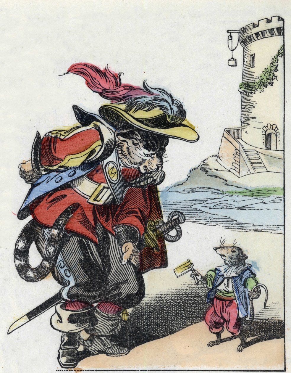 Kuvitus tarinasta "Kauhea Raminagrobis ja hiiret"" -hahmo piirtää Jean de la Fontainen tarinoita. "" Tarinoita kodista pienimmille"". Anonyymi kaiverrus 1800-luvulta. tekijältä Unknown artist