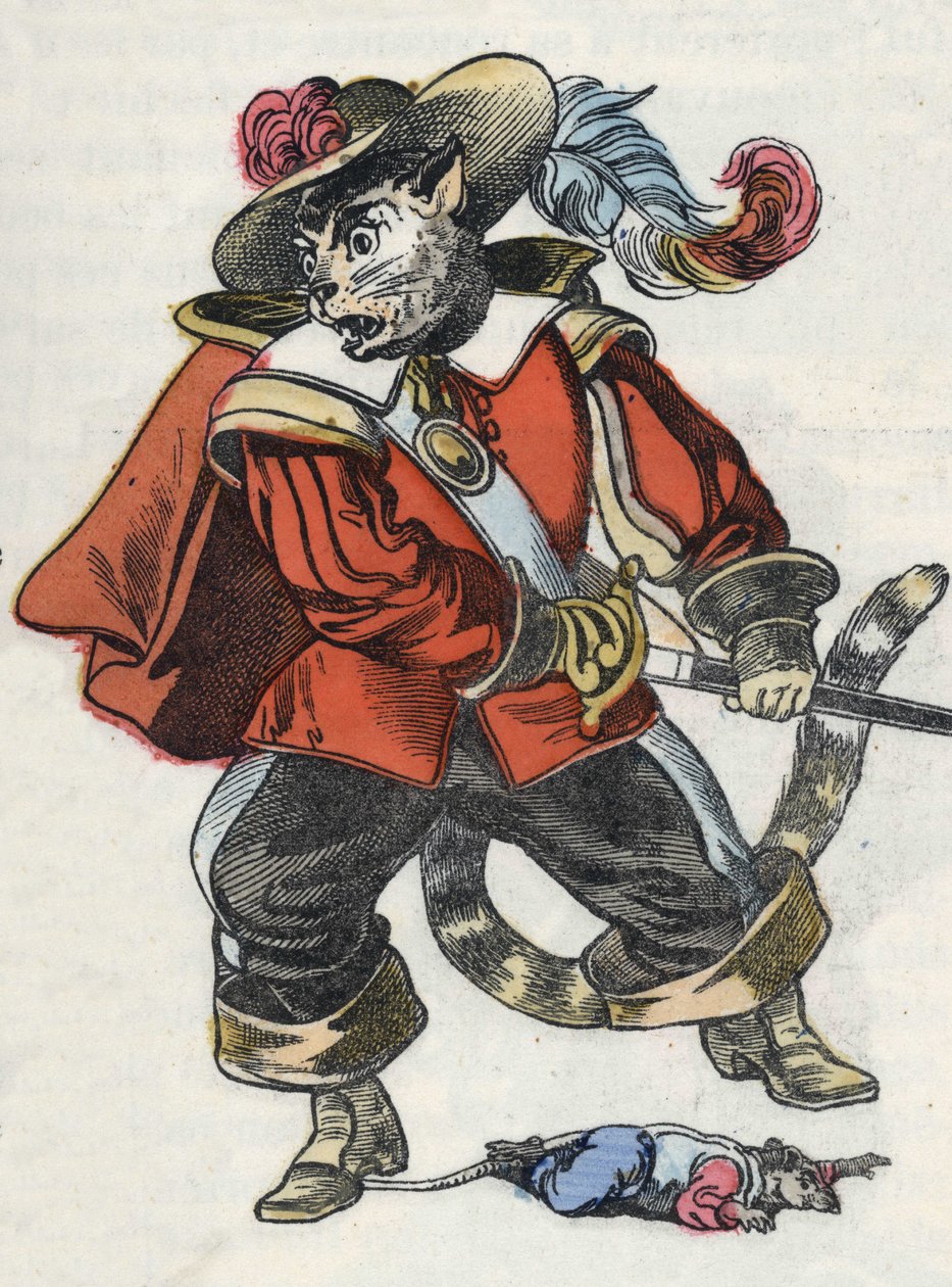 Kuvitus tarinasta "Kauhea Raminagrobis ja hiiret"" -hahmo piirtää Jean de la Fontainen tarinoita. "" Tarinoita kodista pienimmille"". Anonyymi kaiverrus 1800-luvulta. tekijältä Unknown artist
