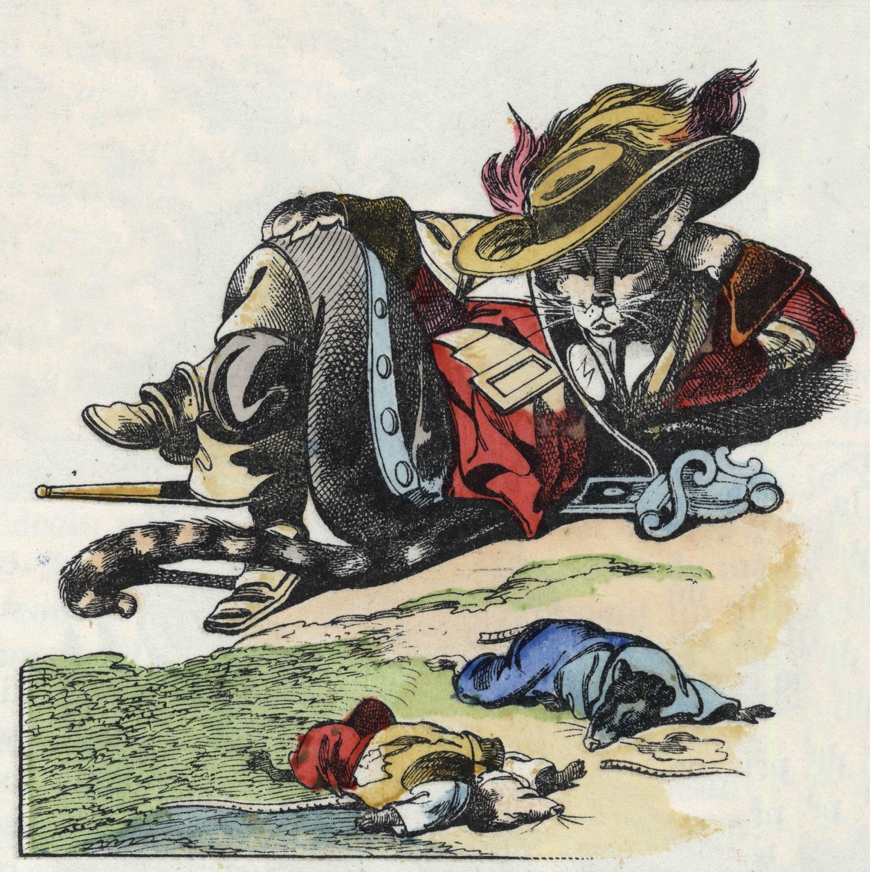 Kuvitus tarinasta "Kauhea Raminagrobis ja hiiret"" -hahmo piirtää Jean de la Fontainen tarinoita. "" Tarinoita kodista pienimmille"". Anonyymi kaiverrus 1800-luvulta. tekijältä Unknown artist