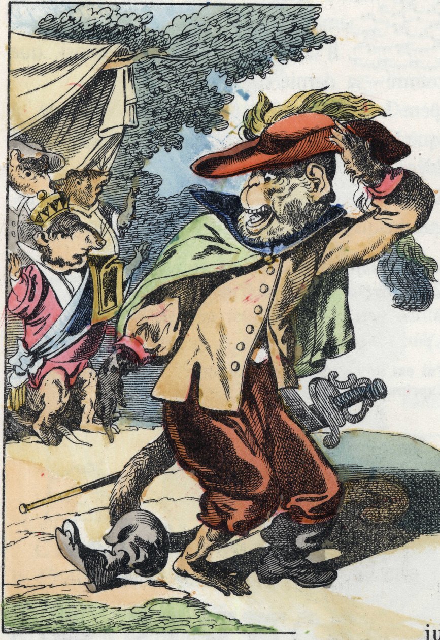 Kuvitus tarinasta "Kauhea Raminagrobis ja hiiret"" -hahmo piirtää Jean de la Fontainen tarinoita. "" Tarinoita kodista pienimmille"". Anonyymi kaiverrus 1800-luvulta. tekijältä Unknown artist