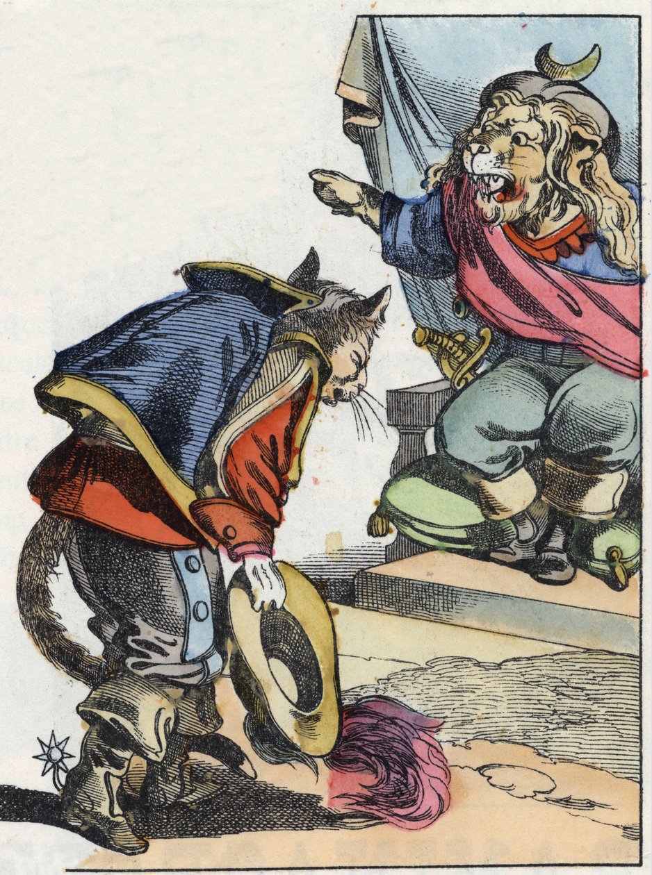 Kuvitus tarinasta "Kauhea Raminagrobis ja hiiret"" -hahmo piirtää Jean de la Fontainen tarinoita. "" Tarinoita kodista pienimmille"". Anonyymi kaiverrus 1800-luvulta. tekijältä Unknown artist