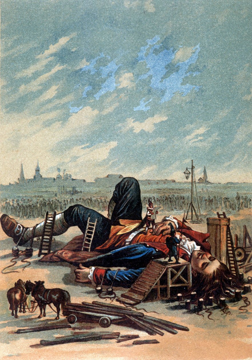 Kuvassa Lilliputians kiinnittävät Gulliveria. Kromolitografia, sd. 1800-luvun loppu. tekijältä Unknown artist