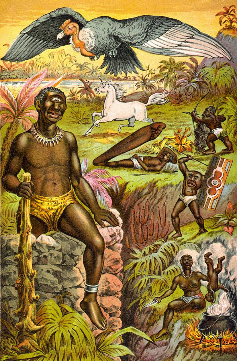 Kuva kuvitteellisista Afrikasta kotoisin olevista hirviöistä otsikolla "Afrikkalainen taikausko kuvitettu"" (kyklooppi, yksisarvinen...), noin 1889. tekijältä Unknown artist