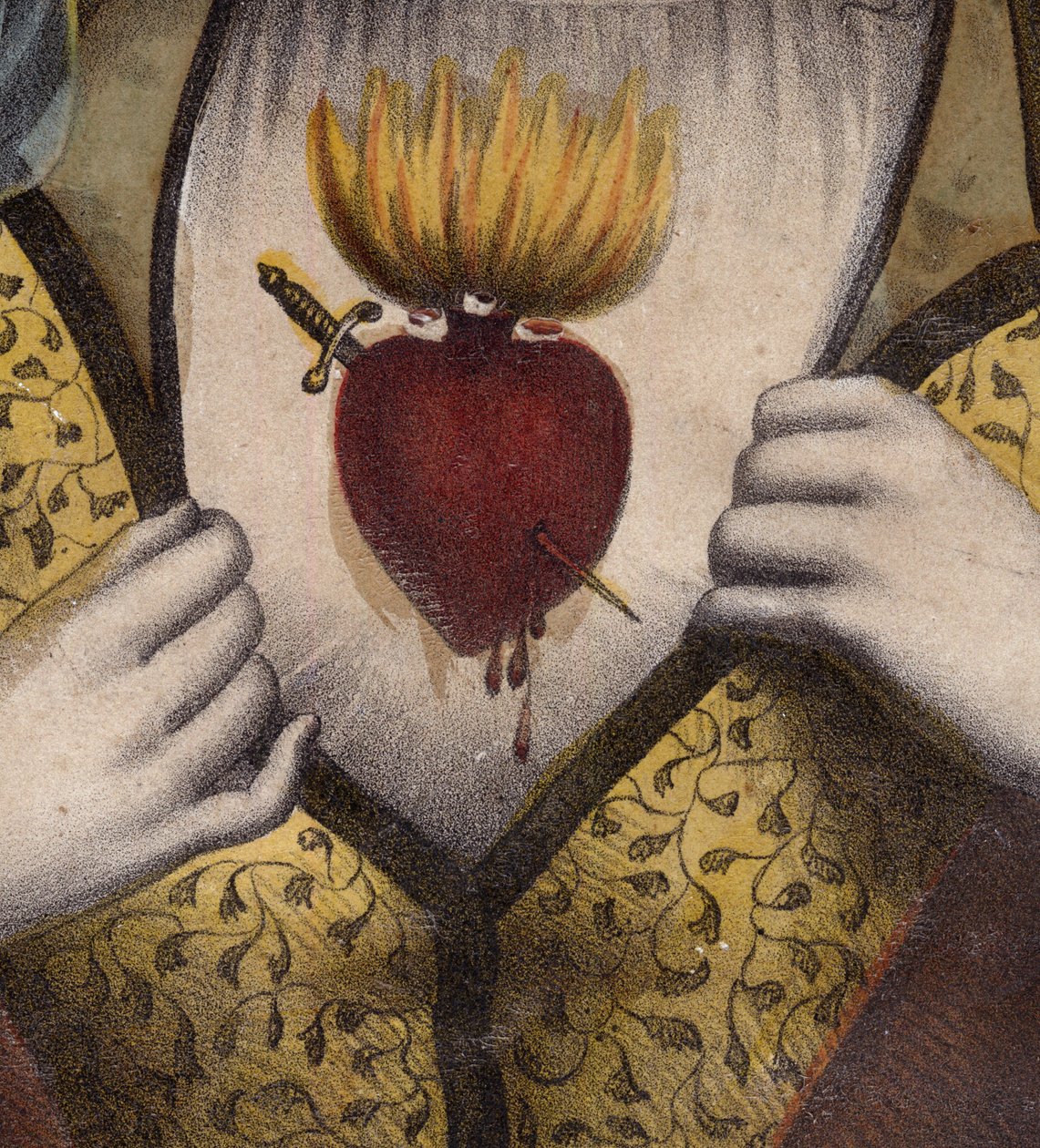 Marian tahraton sydän - Uskonnollinen kuva Marian pyhästä sydämestä (yksityiskohta) - 1800-luvun kaiverrus - Marian Sagrado corazon - Marian Inmaculado Corazon - tekijältä Unknown artist