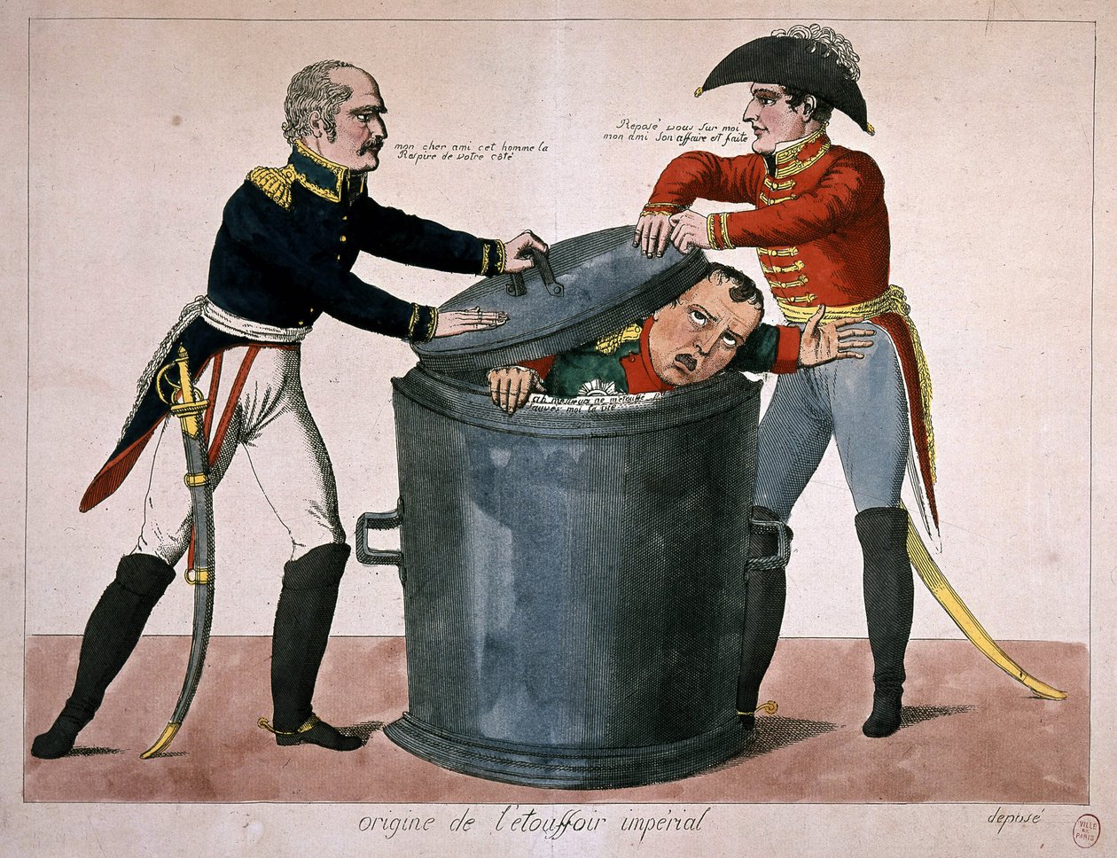 Keisarillinen tukehtuminen: Napoleon-I lukittu roskakoriin, n.d. deb. 19 tekijältä Unknown artist