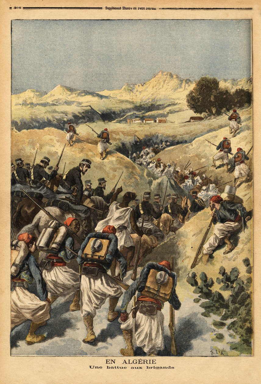 Algeriassa pataljoona, jonka kokonainen Zouaves-pataljoona organisoi ratsuväen vahvistama, vangitakseen Areski ben Bashirin, jonka Algerian tuomioistuin on tuominnut kolmesti kuolemaan. Kaiverrus "" Le petit Journal" -lehdessä 23.12.1893. Selvan kokoelma. tekijältä Unknown artist