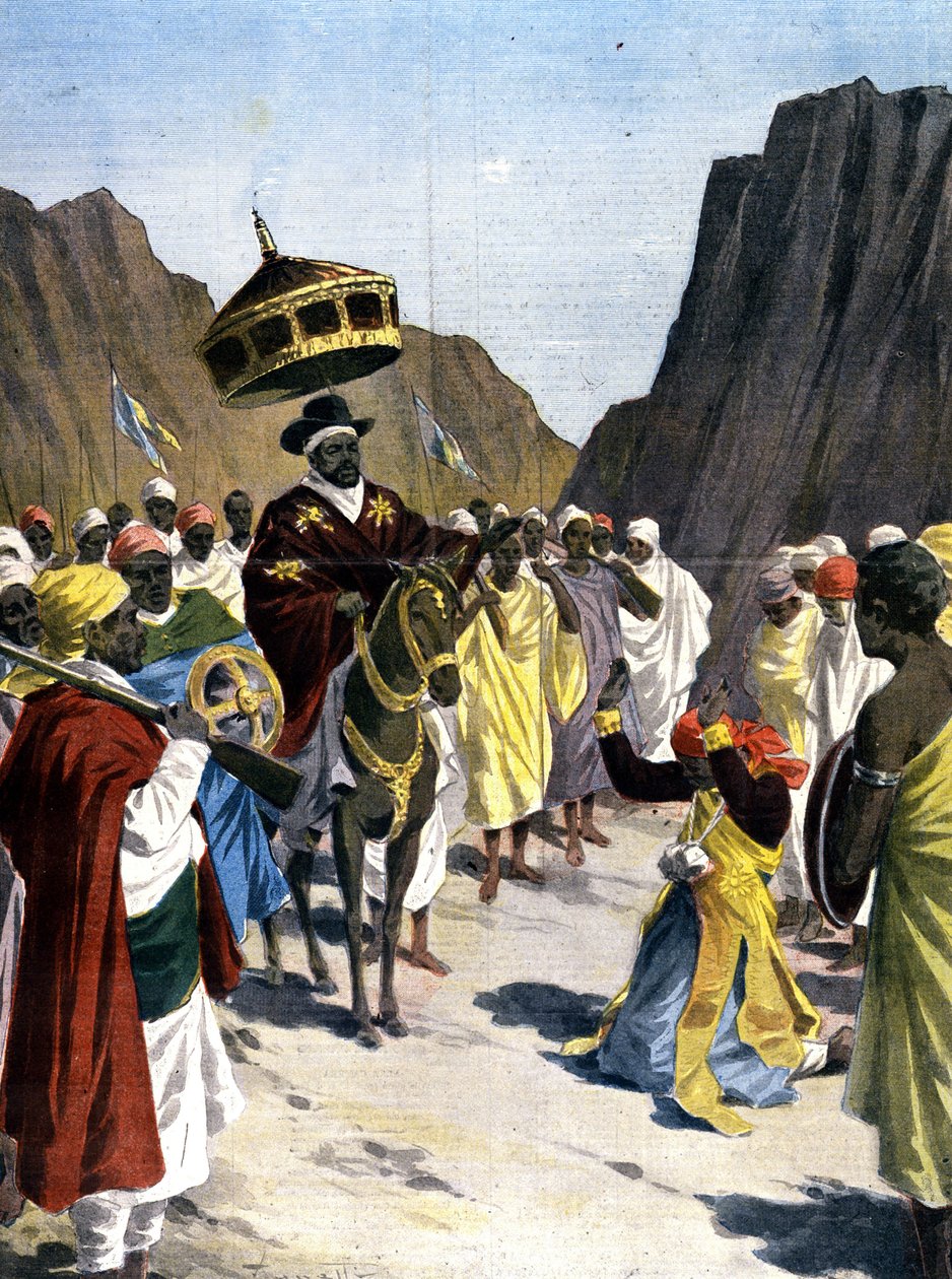 Borumiedassa Abessinian Tigrain maakunnan (Tigray) kuvernööri Ras Mangacha tekee alistuvan Negus Menelik II:lle (1844 - 1913) kivi kaulassa. 1899. Ill. Siluetti lehdistölle. tekijältä Unknown artist