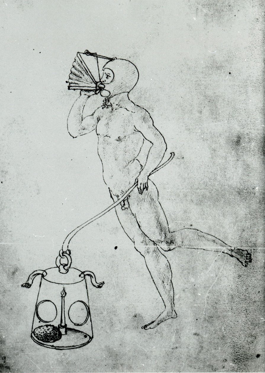 Francesco di Giorgion teoksessa on tämä piirustus, joka kuvaa veden alla hengittävää palkea tekijältä Unknown artist