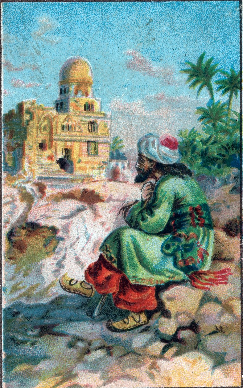 Raunion edessä: Tarina Marufista (Maruf) säästäjästä "" Tuhat ja yksi yötä" (1001 yötä tai Le mille e una notte, Arabian Nights), 1800-luvun lopun kromolitografia. tekijältä Unknown artist