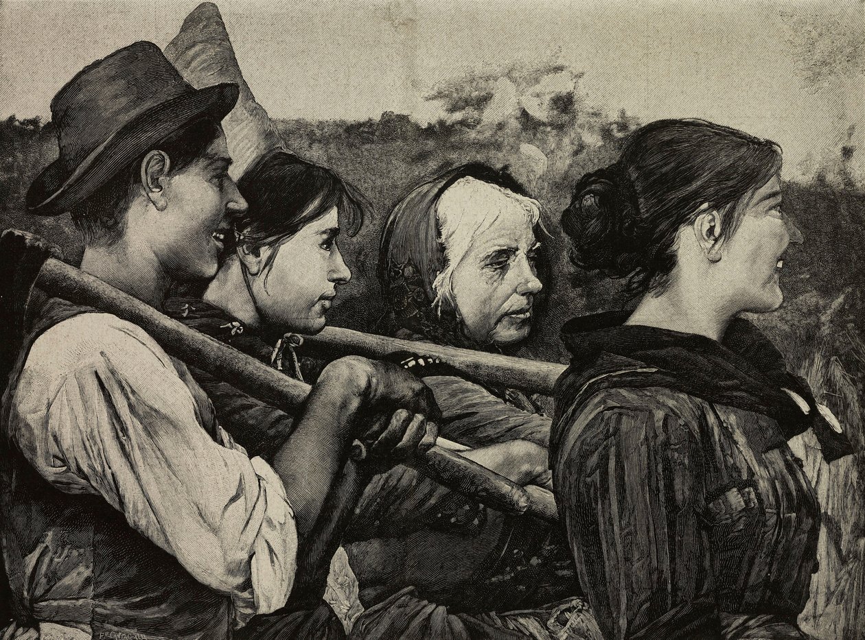 Pelloilla, Egisto Ferronin (1835-1912) maalaus, F Cantagallin kaiverrus G Brogin valokuvasta, L