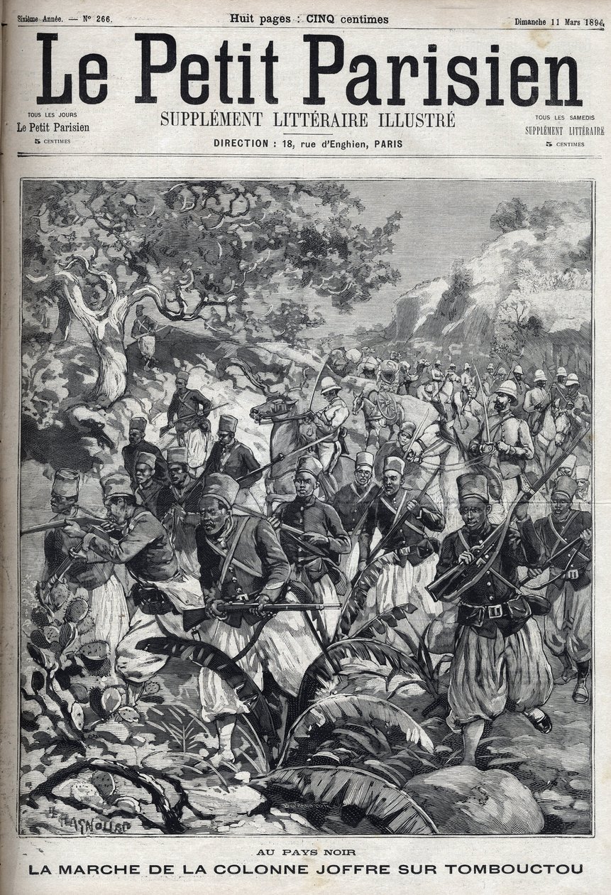 Ranskan siirtomaissa: kenraali Joseph Joffren (1852-1931) ja hänen spahi-armeijansa marssi Timbuktuun (Mali). Kaiverrus kirjassa "" Le Parisien"" tekijältä Unknown artist