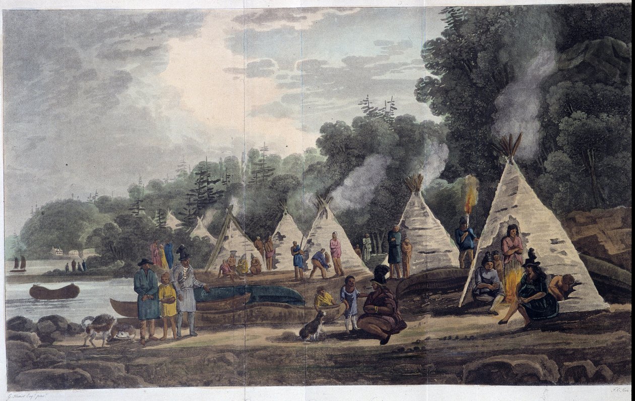 Intian leiri; teoksessa "Travels through Canada", kirjoittanut George Heriot, toim. Lontoo tekijältä Unknown artist