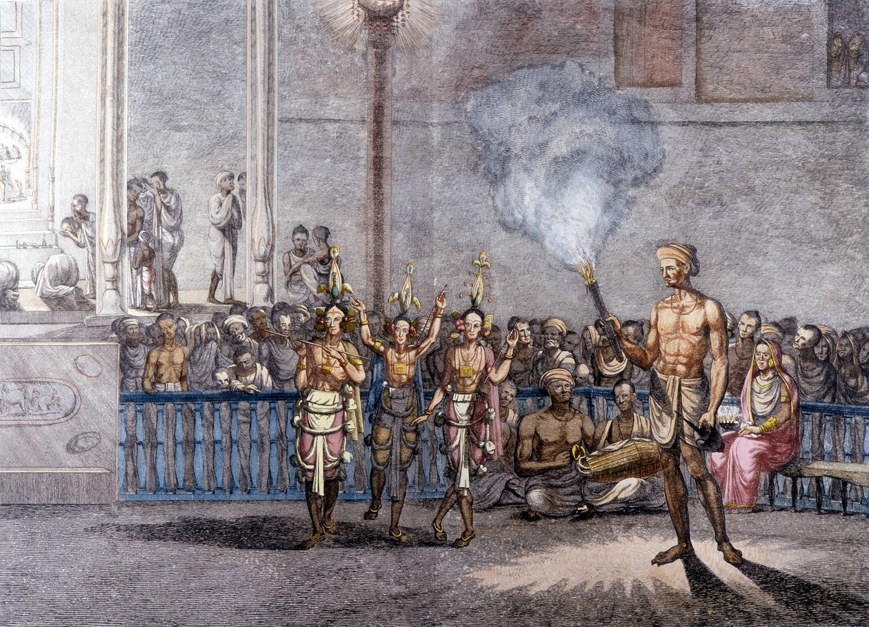 Intialainen kulttuuri ja sivilisaatio: Tanssi Brahmanin Krishnan (Krisna tai Krsna) kunniaksi Intiassa. Kaiverrus 1808. tekijältä Unknown artist