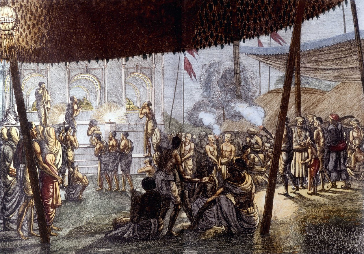 Intialainen kulttuuri ja sivilisaatio: Krishnan rakkausjuhla, Intia. Kaiverrus 1808. tekijältä Unknown artist