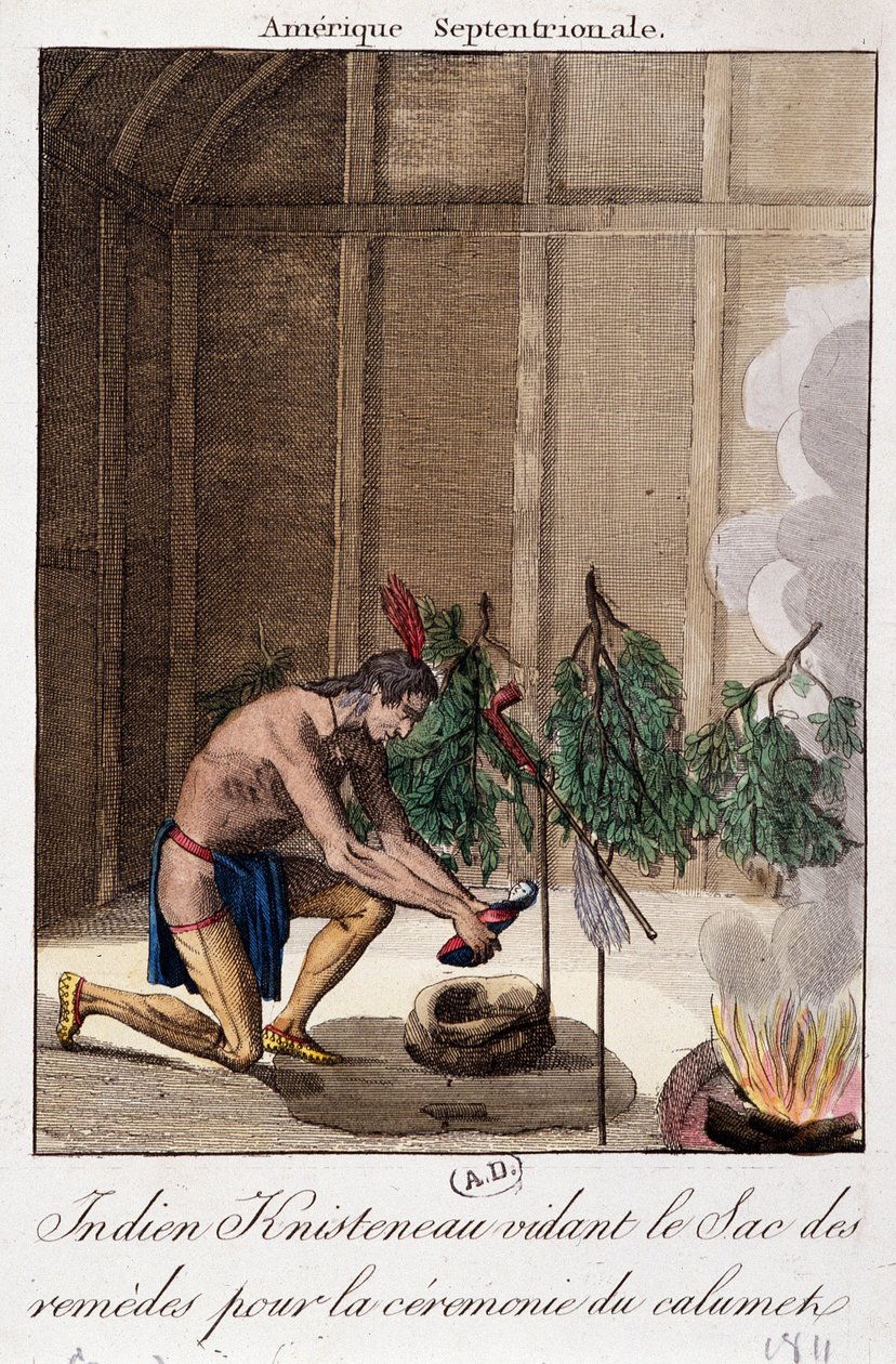Intialainen Knisteneau tyhjentää lääkepussia calumet-seremoniaan tekijältä Unknown artist