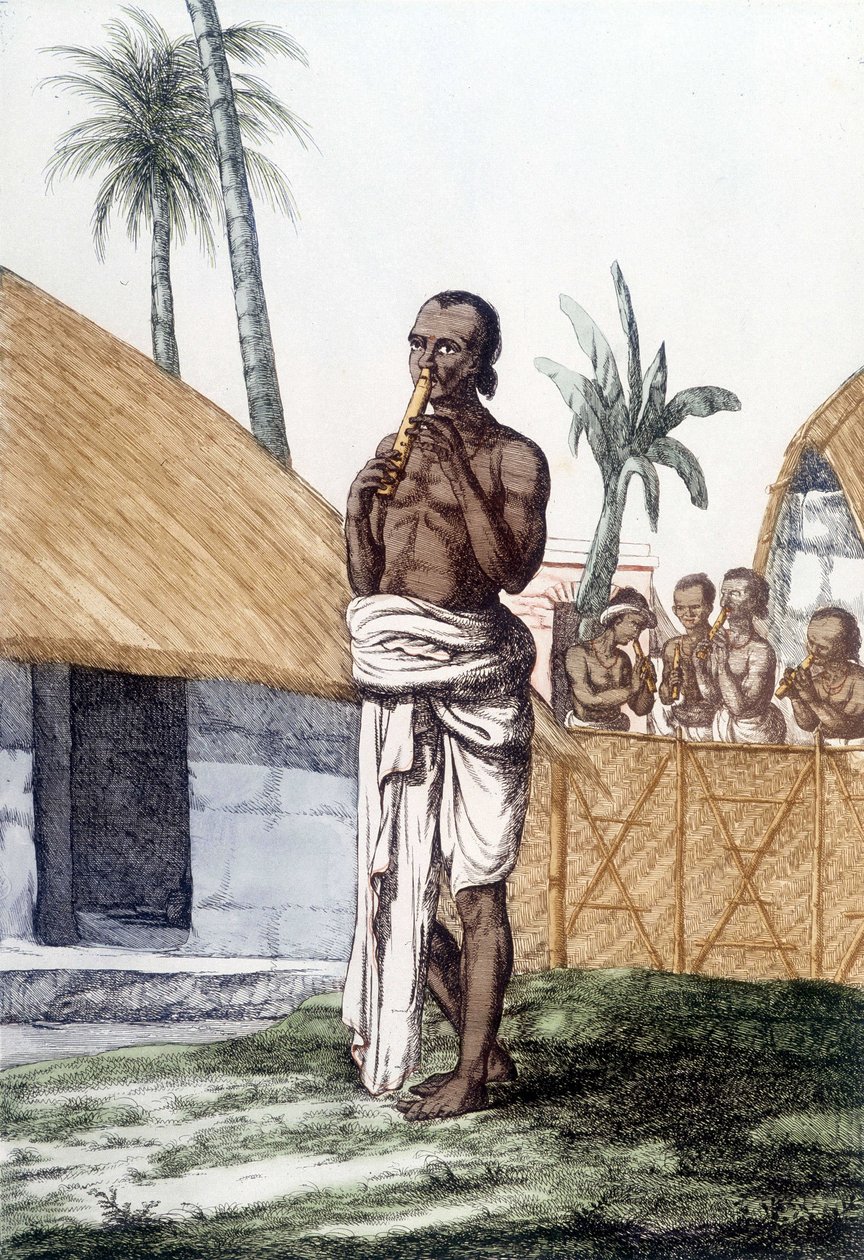 Intialainen kulttuuri ja sivilisaatio: muusikko soittaa bansuri-huilua, perinteistä soittimia, Intia. Kaiverrus 1808. tekijältä Unknown artist